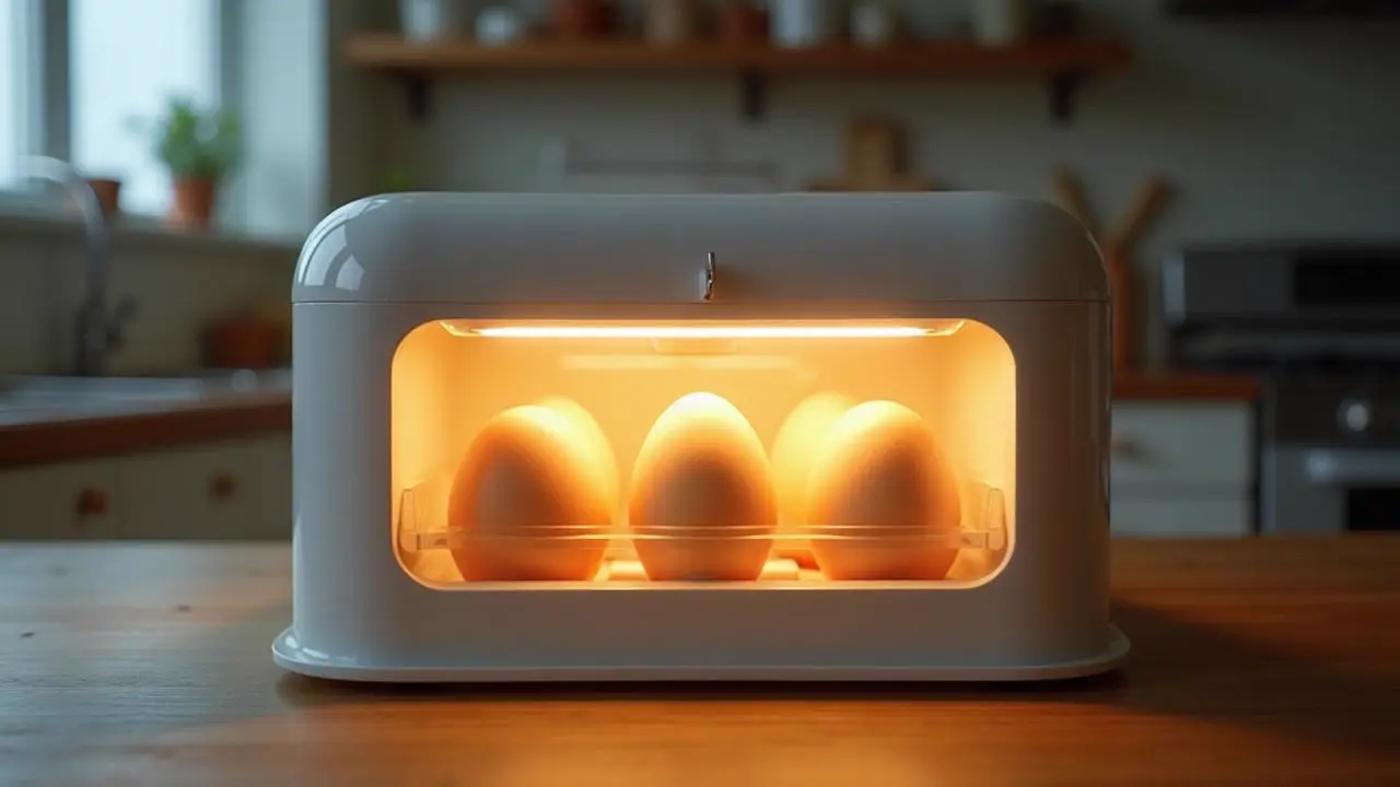 Professional egg incubator with digital controls and eggs visible inside